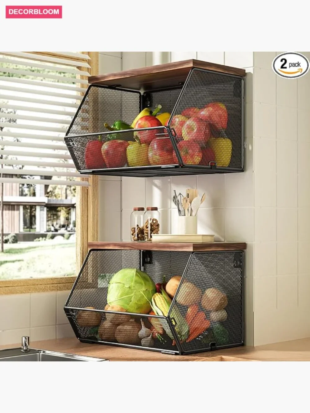 Stackable Fruit Basket 2 Pack, Wall Mountable Wire Basket with Wood Lid,